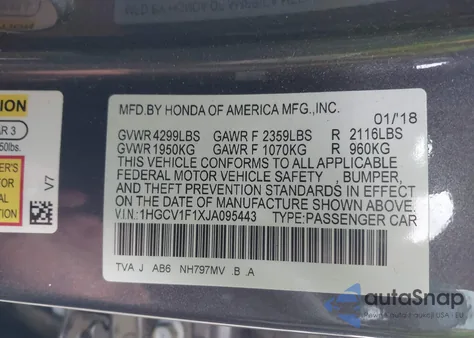 2018 Honda Accord Lx from USA, damaged, VIN 1HGCV1F1XJA095443